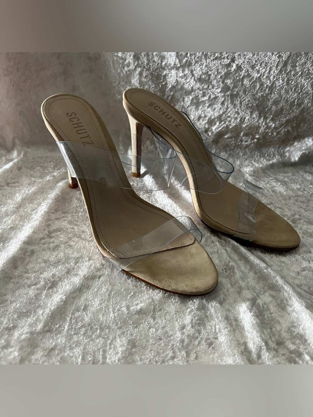 SCHUTZ Clear Strap Nude Heeled Slides with Transparent Bands